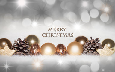golden, silver Christmas background. Golden christmas decorations, ornaments on a dreamy, silky,...