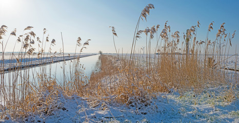 Canal through a snowy landscape in winter 
