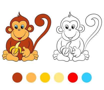 Coloring book monkey, kids layout for game. vector illustration