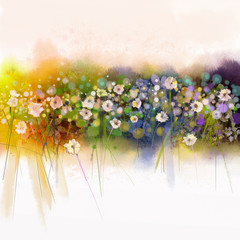 Fototapeta premium Floral watercolor painting. Artistic hand paint white flowers on soft yellow, green, blue water color background. Abstract art flower paintings in meadows. Spring seasonal nature background 
