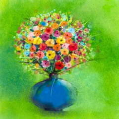 Fototapeta premium Abstract art watercolor painting of spring flower. Artistic still life of bouquet,yellow,red color flora. Gerbera,daisy and green leaf in blue vase. Green background. Hand Painted floral Impressionist