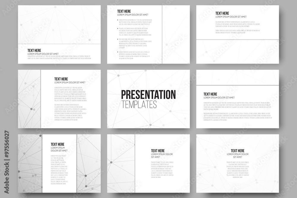 Poster set of 9 templates for presentation slides. molecular structure design, scientific vector background