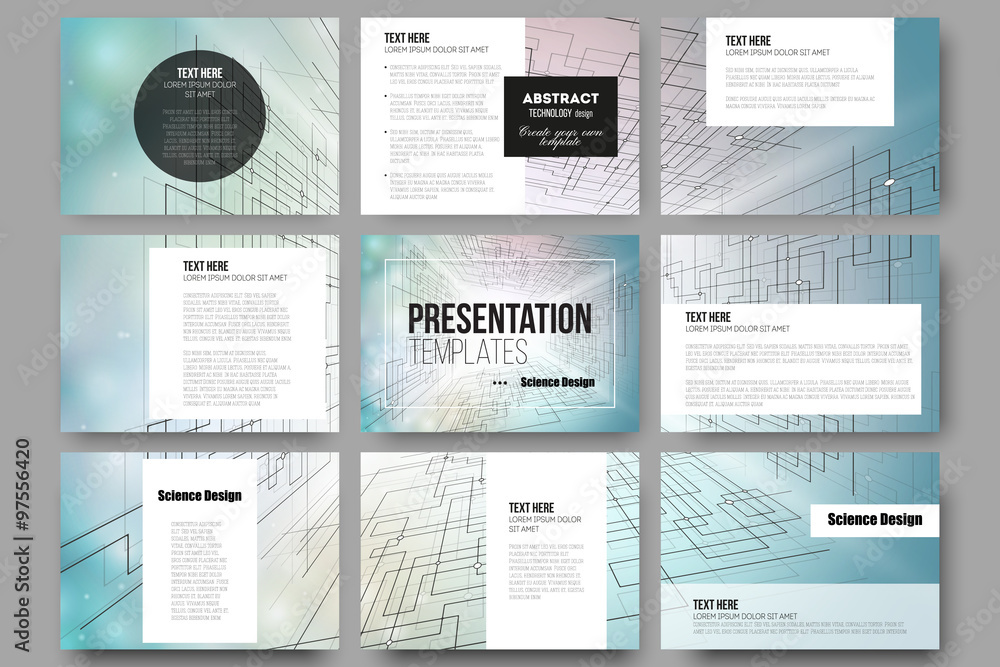 Poster set of 9 templates for presentation slides. abstract vector background, digital technologies, cyber 