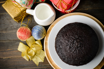 Homemade dark chocolate cake on plate