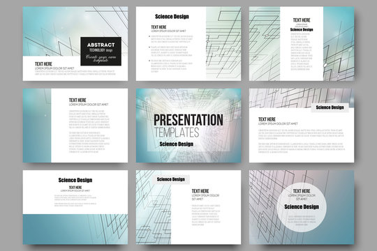 Set of 9 templates for presentation slides. Abstract vector background, digital technologies, cyber space