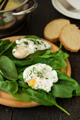 Obraz na płótnie Canvas Poached egg on a piece of bread with spinach on the table
