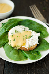 Poached egg on a piece of bread with spinach on the wooden table