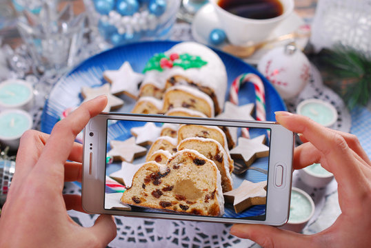 taking a photo of christmas stollen cake by smartphone