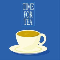 A white cup and saucer of tea on a blue background with the words Time For Tea above it