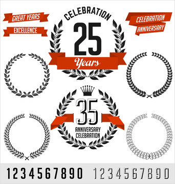 Set of Anniversary Vector Elements. Black with Red Ribbon.