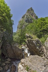 Fototapeta na wymiar Wood Bridge between rocks, Erma River Gorge, Bulgaria