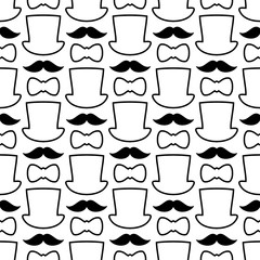 Seamless Pattern Stovepipe Hat, Mustache & Bow Tie Outline