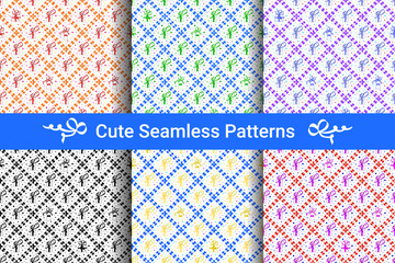 Set of seamless patterns with gift boxes of different colors.