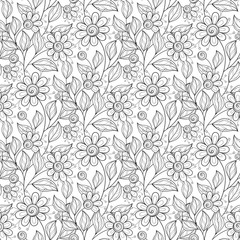 Fototapeta premium Vector Seamless Monochrome Floral Pattern