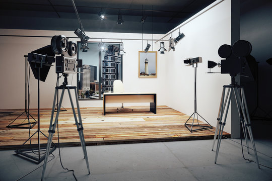 Film studio with cameras and movie equipment