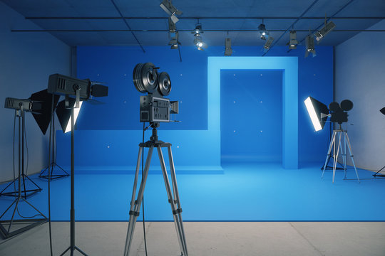 Blue style decoration for movie filming with vintage cameras