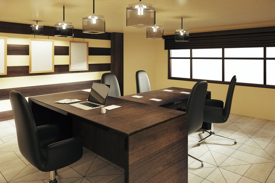 Wood style office with furniture and office stuff