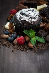 chocolate muffins with icing sugar and ingredients 