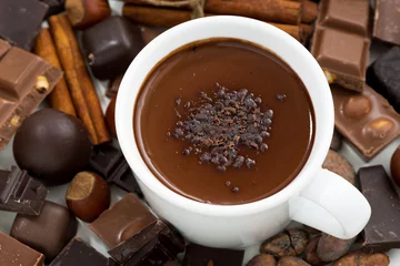 Keuken foto achterwand Chocolade kop warme chocolademelk en ingrediënten