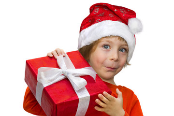 Cute kid with a Santa hat holding a present box