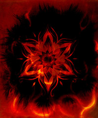 ornamental mandala, color abstract background with fire flame, LAVA structure, Red, orange, black color.