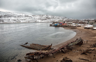Graveyard of old ships in Teriberka winter, Russia