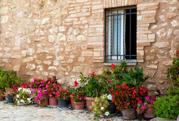 Fototapeta premium Rośliny w doniczkach na wąskich uliczkach starożytnego miasta Spello, Umbria, Włochy