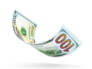 One hundred dollar banknote curled isolated on white background  