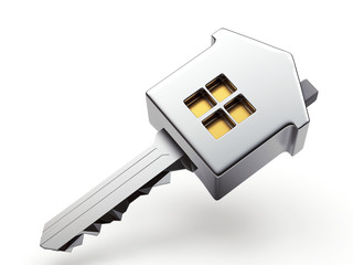 Mortgage concept. Silver house shape key isolated on white background