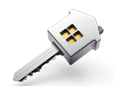 Mortgage concept. Silver house shape key isolated on white background