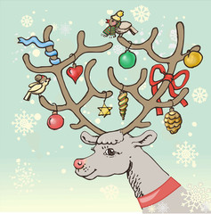 Christmas vector illustration. Face of a reindeer with decorated