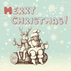 Santa Claus and reindeer Rudolph taking a coffee break 