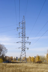 Tower of high voltage transmission lines  closeup