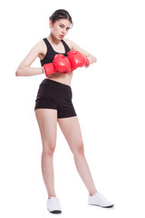 Boxer - fitness woman boxing wearing boxing gloves on white background.
