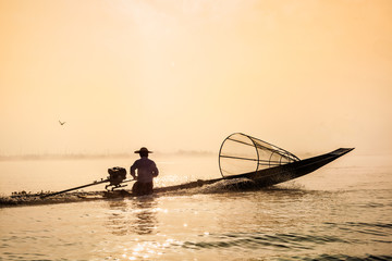  Traditional Burmese fisherman at Inle lake, Myanmar