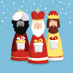 Cute Christmas greeting card, invitation with three kings, flat design, vector illustration