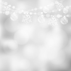 Christmas greeting card with garland of lights, christmas balls and snowflakes, vector
