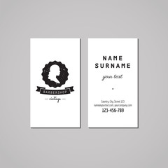 Barbershop business card design concept. Barbershop logo-badge with wavy long hair woman profile and ribbon. Vintage, hipster and retro style. Black and white. Hair salon business card.
