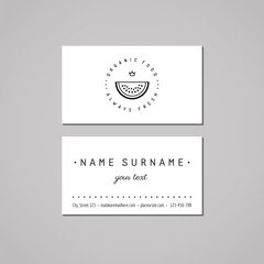 Organic food business card design concept. Food logo with watermelon and crown. Vintage, hipster and retro style. Black and white.