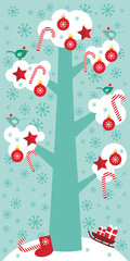 Merry Christmas card design Big tree with white snow on the branches, birds and red christmas decorations. Candy, balls, stars, sock, sleigh with gifts on sky-blue sky background. Vector