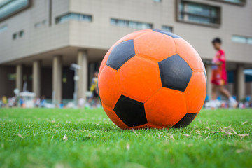 Soccer ball orange on the green field