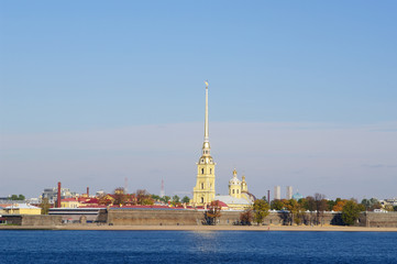 Views of Peter and Paul fortress and Cathedral on Zayachy island on Neva river, St.Petersburg, Russia