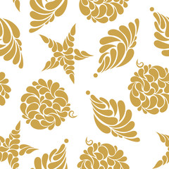 seamless pattern of Golden Christmas tree toys on a white backgr