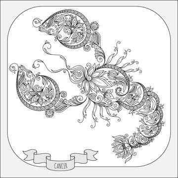 Hand drawn pattern for coloring book zodiac Cancer.