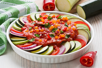 Ratatouille / Raw ingredients zucchini, bell pepper, onion, eggplant, tomato sauce and parsley in...