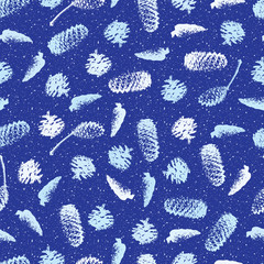 Seamless pattern with forest cones. Winter and snowfall.
