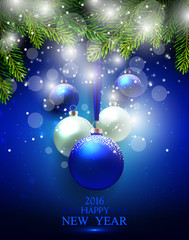 Holidays greeting card with fir branches and balls.