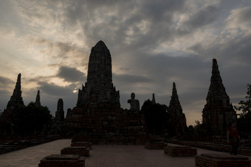 Ancient ruin of the temple Wat Chai Watthanaram   at twilight time in Ayutthaya, Thailand.
