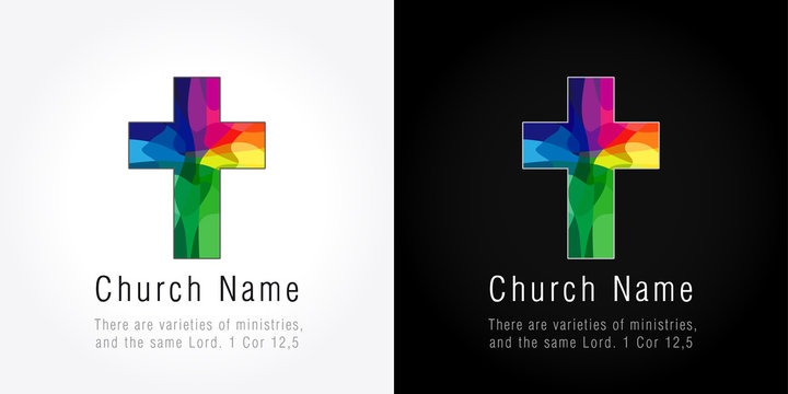 Church mission colored logo. The bright faceted mosaic cross.
