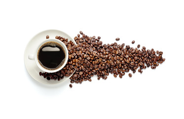 Cup of coffee and coffee beans isolated on white background